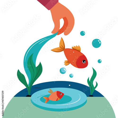 Joyful hand gently releases a vibrant orange fish into a tranquil blue water habitat with playful bubbles and lush green aquatic plants
