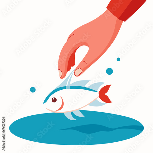Gentle hand releasing a vibrant fish into pristine blue water, symbolizing freedom, nature, and new beginnings with a touch of elegance and care.