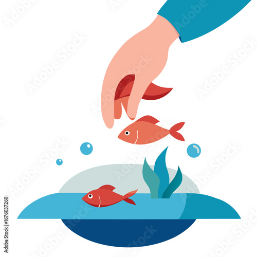 Caring hand gently feeds small coral fish in clear blue water with aquatic plants and rising bubbles, symbolizing nurturing and life in a simple, clean aquatic environment.