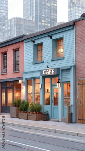A cozy blue cafe stands on a quiet city street, surrounded by plants and urban buildings in the background.