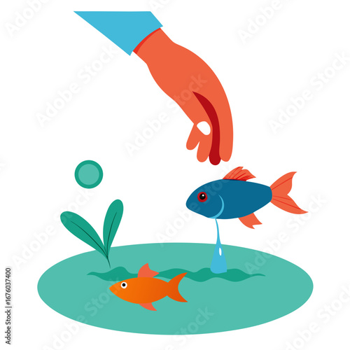 Gentle hand feeds colorful fish in serene aquatic habitat, symbolizing care and nurturing for aquatic life and nature conservation efforts.