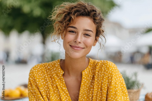 A young woman with curly hair, wearing a yellow polka dot shirt, smiles warmly outdoors on a sunny day.