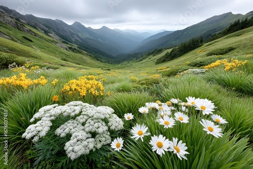 A lush mountain valley with wildflowers in bloom under a cloudy sky, surrounded by green slopes and distant misty peaks.