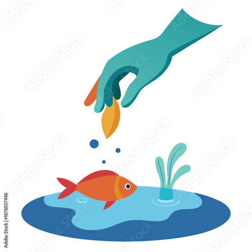 Caring hand gently feeding a vibrant goldfish in a tranquil pond with aquatic plants, symbolizing nurturing and nature's harmony, a delightful scene of simple joy and mindful connection.