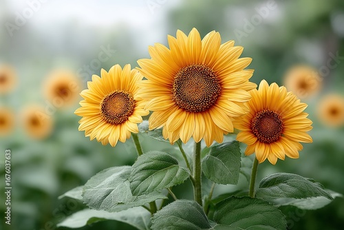Three vibrant sunflowers bloom in a green field with a blurred natural background.