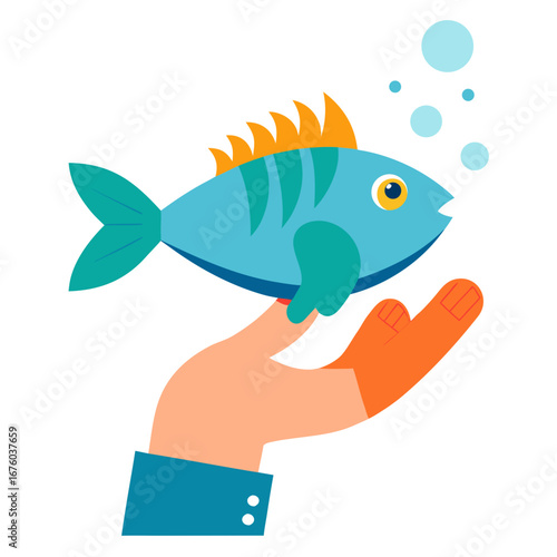 Gentle hand cradles a vibrant blue fish, symbolizing care, conservation, and the wonders of marine life with playful bubbles rising.