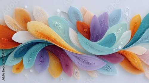 Colorful, layered paper art forms abstract, flowing shapes resembling petals or leaves against a light background.