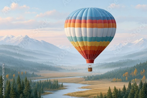 A colorful hot air balloon floats above a scenic valley with a river, forest, and snow-capped mountains in the background.