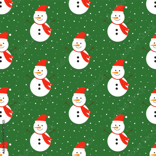 Christmas seamless pattern with cute snowman wearing red hat and falling snow.Winter repeat pattern isolated on green background.Vector graphic illustration wallpaper.