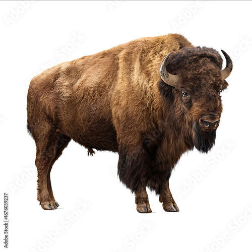 Bison a fullbody standing figure isolated on a white background Detailed photograph PNG format
