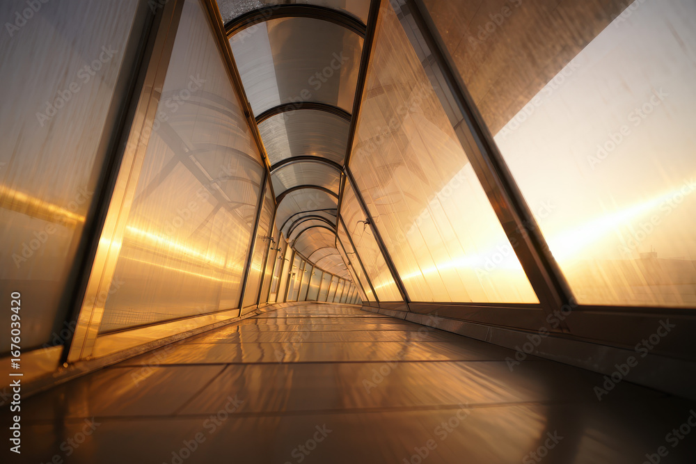 Obraz premium Illuminated walkway tunnel with transparent walls and ceiling at sunset creating a golden glow effect