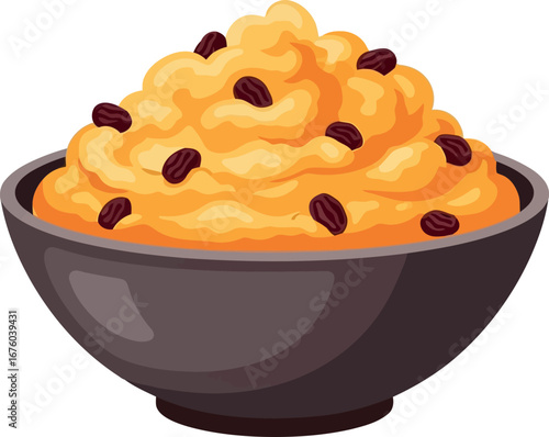 Fluffy pumpkin custard with raisins in dark bowl vector