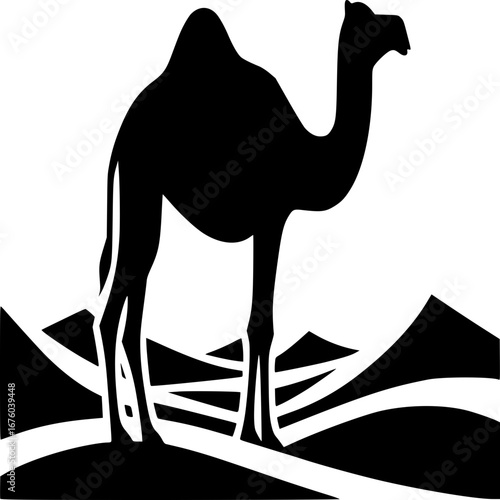 Camel Silhouette in the Desert: A solitary camel stands tall amidst rolling sand dunes under the scorching sun, a timeless emblem of desert life and resilience.