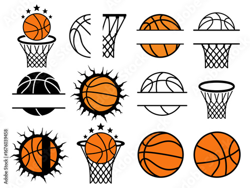 Basketball logo icon set, basketball equipment, black basketball symbol, vector illustration