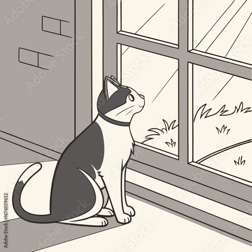 A charming cartoon black and white cat sits on a windowsill looking out at the grassy yard