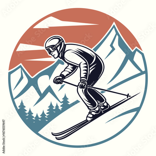 A stylized vector illustration of a hockey player silhouette on an ice rink