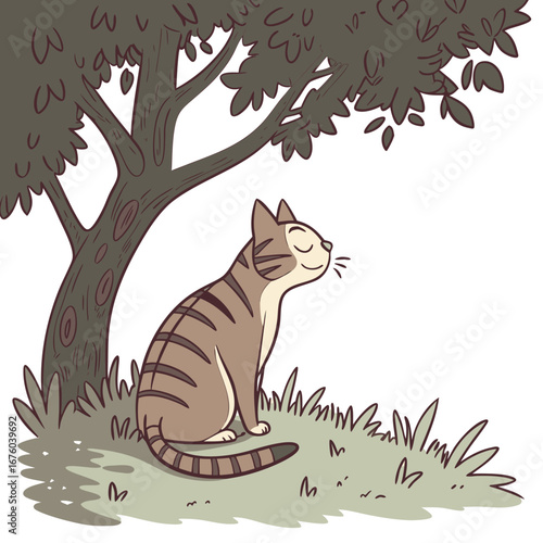 A content tabby cat sits peacefully in the shade of a large tree enjoying a warm sunny day