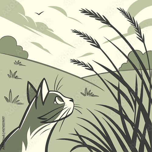 A curious cat peeks through tall grass in a stylized green landscape with clouds and a bird