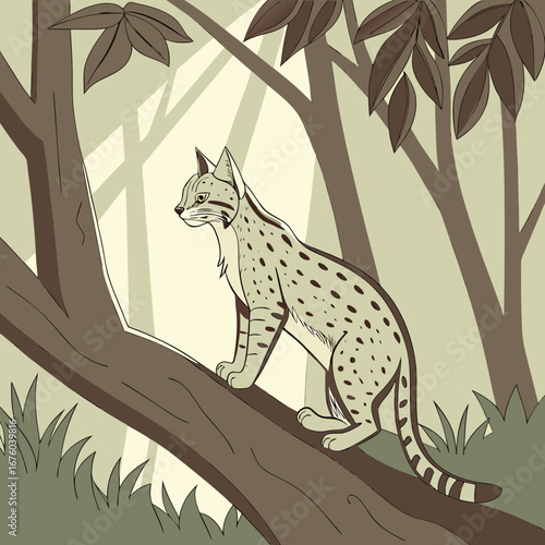 A spotted wild cat perched on a tree branch in a stylized forest setting with dappled sunlight