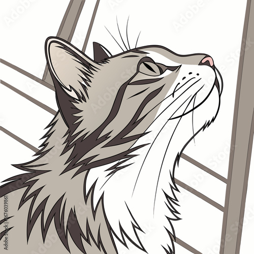 A stylized illustration of a tabby cat with its head tilted back looking upwards with closed eyes