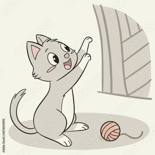 Adorable cartoon kitten playfully reaching up towards a textured surface with a ball of yarn nearby