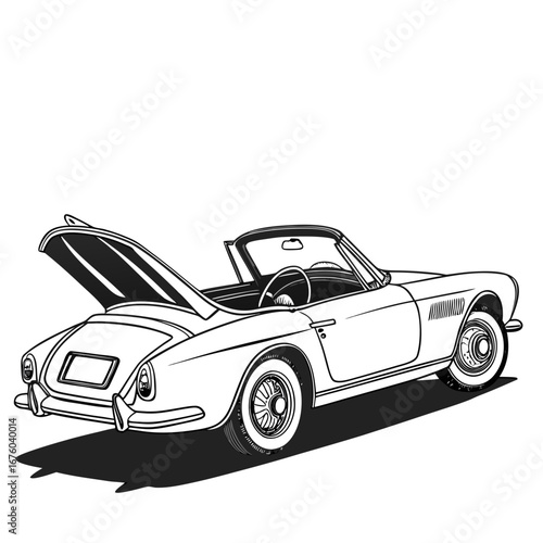 Classic convertible sports car with open hood and trunk in a stylized black and white illustration