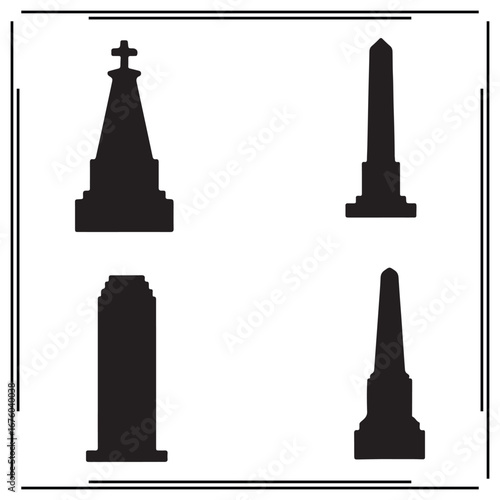Black Silhouettes of Religious Cemetery Obelisks - Cross Memorials, Tall Burial Monuments, Traditional Graveyard Markers, Historic Memorial Icons