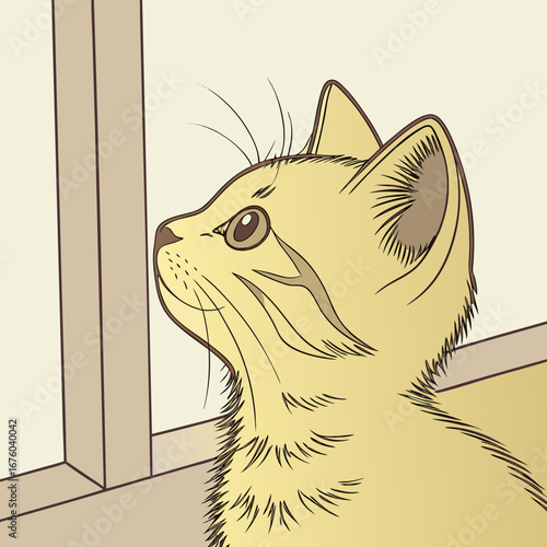 Close up illustration of a fluffy yellow kitten looking out a window with curiosity and wonder