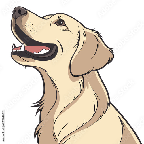 Close up illustration of a happy golden retriever dog looking upwards with its mouth open and tongue out