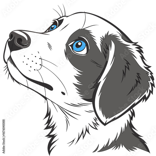 Close up vector illustration of a cute dog with bright blue eyes looking upwards with a gentle expression