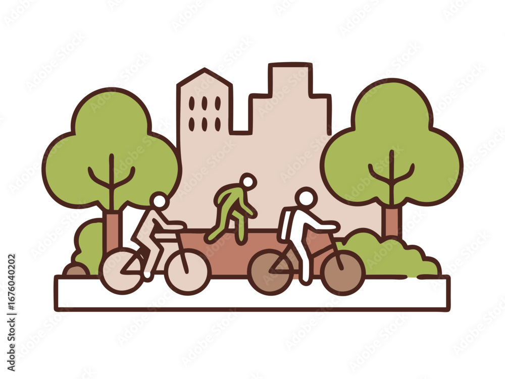 Fototapeta premium Colorful Urban Park with People Exercising, Cycling, and Walking in Vibrant Cityscape
