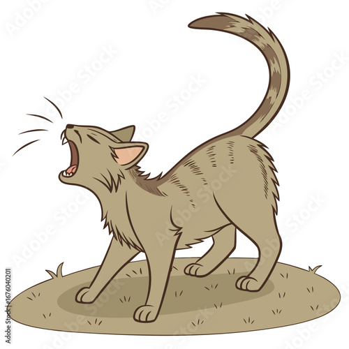 Cute cartoon tabby cat stretching and yawning widely with its tail curled up high