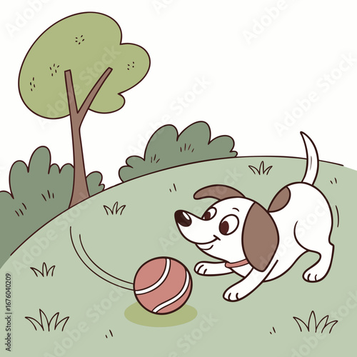 Cute cartoon dog happily playing with a ball in a grassy park with trees and bushes
