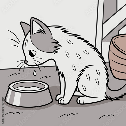 Cute cartoon kitten cautiously drinking milk from a bowl with a drop falling