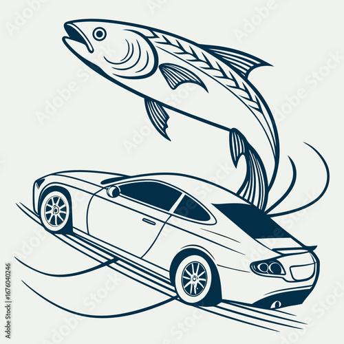 Dynamic sports car speeds forward with a stylized leaping fish appearing to jump over the vehicle