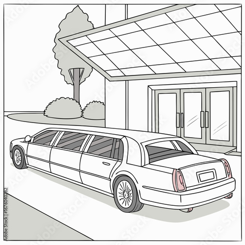 Elegant white limousine parked outside a modern building with double glass doors and a covered entrance