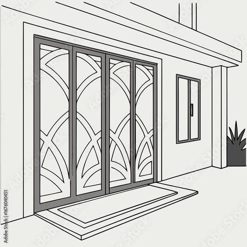 Modern architectural drawing of a house exterior featuring large sliding glass doors with decorative geometric patterns and a small window