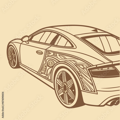 Stylized brown line art drawing of a modern sports coupe with intricate tribal patterns on the side panel