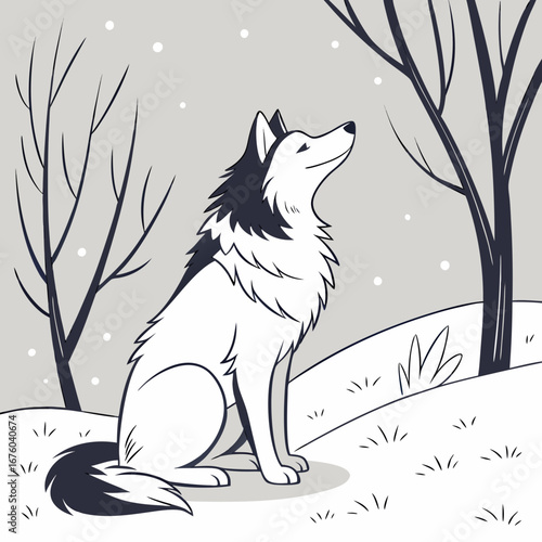 Stylized illustration of a black and white wolf sitting in a snowy forest looking up at falling snowflakes