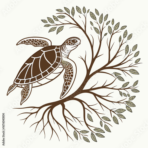 Stylized sea turtle gracefully swims through a circular branching tree with delicate patterned leaves
