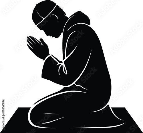 Serene Muslim Man Kneeling in Prayer, Black Silhouette Illustration