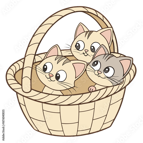 Three adorable cartoon kittens peeking out of a woven basket with happy expressions