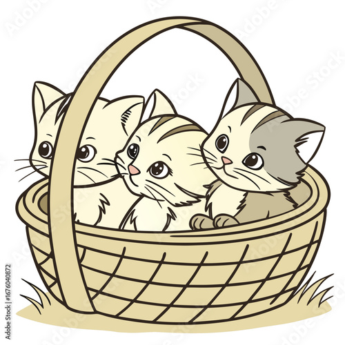Three adorable fluffy kittens peeking out from a woven basket with a handle on a white background