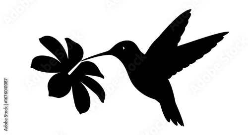 Simple black silhouette of a hovering hummingbird feeding from a flower.