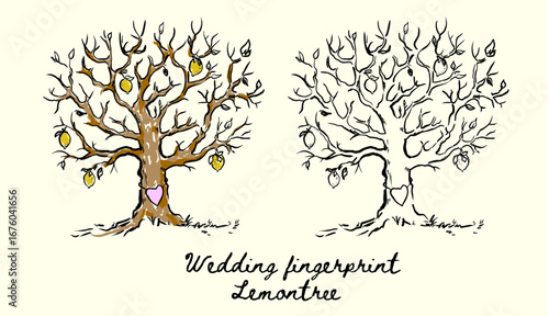 Wedding Fingerprint Tree Guestbook Illustration, Whimsical hand-drawn lemon tree illustration for wedding memories and keepsakes
