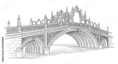 Ornate Gothic-Style Stone Arch Bridge Drawing.
