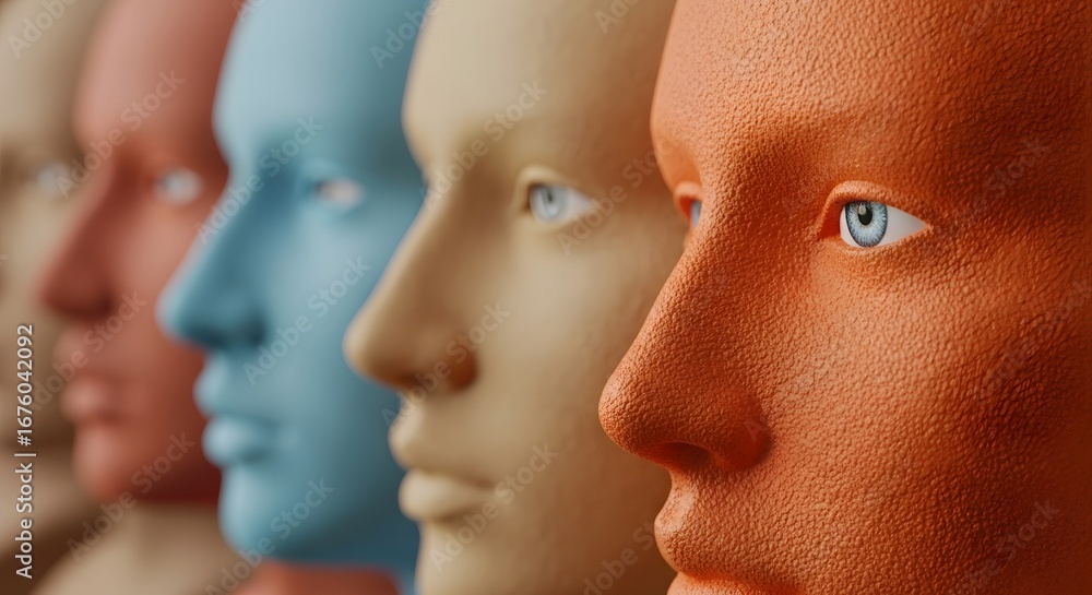 Fototapeta premium Closeup profile view of multiple mannequin heads in a row, each painted a different vibrant color, highlighting diversity and individuality