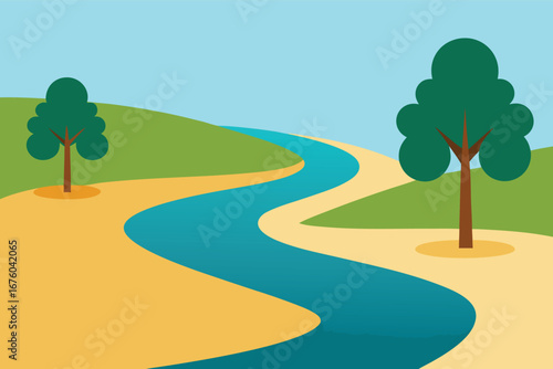 quiet river bend with trees and sandy shore