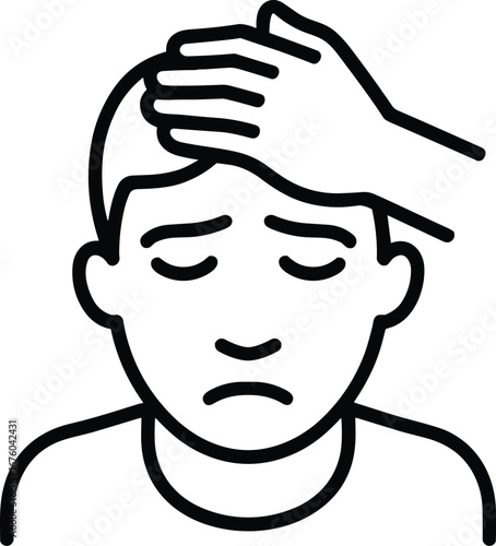 Sad man, hand on forehead, line art, illness, concern, vector illustration.