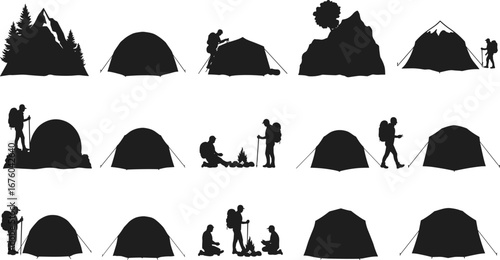 Camping silhouettes with hikers, mountain tents, outdoor adventure, campfire, trekking backpackers, wilderness exploration, mountaineering, forest camping, survival gear, outdoor lifestyle photography